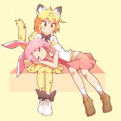  2girls absurdres animal_ears bare_arms bare_legs black_hair blonde_hair bow bowtie brown_hair closed_eyes closed_mouth commentary cosplay crossover dotted_background english_commentary eyes_visible_through_hair full_body fur_collar gloves hand_on_another&#039;s_shoulder highres ichii_yui jaguar_(kemono_friends) jaguar_(kemono_friends)_(cosplay) jaguar_ears jaguar_print jaguar_tail kemono_friends lap_pillow leaning_to_the_side light_smile long_hair looking_at_another looking_down majormilk multicolored_hair multiple_girls necktie nonohara_yuzuko open_mouth parted_bangs pink_hair pink_skirt puffy_short_sleeves puffy_sleeves rabbit_ears reisen_udongein_inaba reisen_udongein_inaba_(cosplay) shirt shoes short_hair short_sleeves sitting skirt socks tail touhou two-tone_hair yuri yuyushiki 