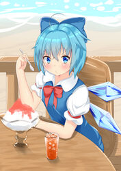  :/ ahoge beach blue_dress blue_eyes blue_hair blush bow bowtie chair cirno commentary_request cup day deck_(architecture) dress drinking_glass female food furrowed_brow hair_between_eyes hairbow holding holding_spoon ice looking_at_viewer ocean outdoors pinafore_dress puffy_short_sleeves puffy_sleeves red_bow red_bowtie red_ribbon ribbon rururiaru shaved_ice shirt short_hair short_sleeves sitting sleeveless sleeveless_dress solo spoon table touhou white_shirt wings 