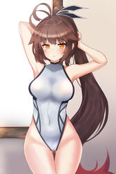  absurdres alternate_hairstyle antenna_hair arms_behind_head arms_up ass_visible_through_thighs breasts brown_hair cla_(finesoda) commentary competition_swimsuit covered_navel cowboy_shot female girls&#039;_frontline hair_ornament highleg highleg_swimsuit highres indoors large_breasts long_hair looking_at_viewer m14_(girls&#039;_frontline) one-piece_swimsuit photoshop_(medium) ponytail solo swimsuit thigh_gap turtleneck white_one-piece_swimsuit window yellow_eyes 