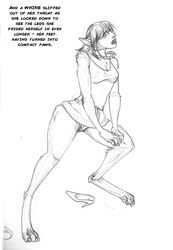  arania barefoot bob_cut bottomwear breasts canid canine claws clothed clothing digitigrade dress english_text fangs feet female foot_transformation footwear fully_clothed fur graphite_(artwork) greyscale hair hi_res high_heels hindpaw human human_to_anthro jewelry mammal maned_wolf monochrome necklace panties paws pencil_(artwork) pumps raised_bottomwear raised_clothing raised_skirt shoes skirt solo species_transformation teeth text traditional_media_(artwork) transformation underwear 