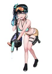  :d bag bare_arms bare_legs bare_shoulders bikini bikini_under_clothes black_gloves black_hair blue_bikini blue_eyes blue_hair breasts brown_shorts choker cleavage collarbone commentary_request duffel_bag earrings female fingerless_gloves gloves goggles goggles_on_head gun hair_ornament handgun highleg highleg_bikini highres holster hoop_earrings ihobus jewelry large_breasts leaning_forward long_hair looking_at_viewer multicolored_hair nail_polish navel no_shirt open_mouth original shoes short_shorts shorts side_ponytail skindentation smile sneakers solo sweat swimsuit thighs two-tone_hair weapon whistle 