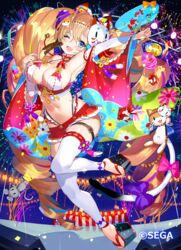  ;d absurdly_long_hair aerial_fireworks ahoge aino_hikari animal arm_up armpits bad_id bad_pixiv_id bare_shoulders bell blue_eyes blush breasts brown_hair cat_mask cat_tail chunithm cleavage commentary_request detached_sleeves feline female fireworks fish floral_print food hair_ornament halterneck hand_up highres holding holding_food jingle_bell lantern large_breasts leg_belt long_hair long_sleeves looking_at_viewer mask mask_on_head midriff miniskirt mouse_(animal) multicolored_hair navel oerba_yun_fang one_eye_closed open_mouth paper_lantern platform_footwear pleated_skirt red_skirt revealing_clothes sandals skirt smile solo stomach streaked_hair tail thighhighs tonito twintails very_long_hair watermark white_thighhighs zettai_ryouiki zouri 