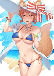  absurdres alternate_hairstyle animal_ears bare_shoulders beach bikini blue_bikini blush bow breasts chumugi cleavage collarbone commentary_request cosplay ears_through_headwear fate/grand_order fate_(series) female fox_ears fox_tail fujimaru_ritsuka_(female) hair_between_eyes hair_ornament hand_on_own_chest hat hat_bow highres jewelry large_hat medium_breasts navel necklace orange_hair outdoors red_bow short_hair short_twintails side-tie_bikini_bottom sidelocks skindentation solo swimsuit tail tamamo_(fate) tamamo_no_mae_(swimsuit_lancer)_(fate) tamamo_no_mae_(swimsuit_lancer)_(fate)_(cosplay) tamamo_no_mae_(swimsuit_lancer)_(third_ascension)_(fate) twintails water white_bow white_hat 