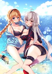  2girls ahoge ass bad_id bad_twitter_id belt bikini black_bikini blonde_hair blue_eyes blush braid braided_ponytail breast_press breasts cleavage cloud commentary_request day fate/grand_order fate_(series) hairband highres honoka_chiffon jacket jeanne_d&#039;arc_(fate) jeanne_d&#039;arc_(swimsuit_archer)_(fate) jeanne_d&#039;arc_(swimsuit_archer)_(first_ascension)_(fate) jeanne_d&#039;arc_alter_(fate) jeanne_d&#039;arc_alter_(swimsuit_berserker)_(fate) large_breasts long_hair multiple_girls o-ring o-ring_bottom open_mouth outdoors parted_lips partially_submerged single_braid single_thighhigh sky smile swimsuit symmetrical_docking thighhighs thighs very_long_hair water white_hair yellow_eyes zipper 