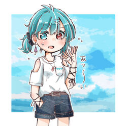  alternate_costume alternate_hairstyle aqua_eyes aqua_hair belt border brown_belt commentary_request contemporary denim denim_shorts earrings female heterochromia highres jewelry pocket_protector red_eyes salt_(seasoning) shirt short_hair shorts solo sweat tatara_kogasa tied_hair touhou white_border white_shirt 