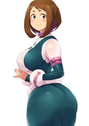  absurdres ass ass_focus blush bodysuit boku_no_hero_academia breasts brown_hair closed_mouth collar commentary_request female highres huge_ass huge_breasts large_breasts looking_at_viewer minakami_(flyingman555) shiny_clothes short_hair smile superhero_costume thick_eyebrows thick_thighs thighs tight_clothes uraraka_ochako 