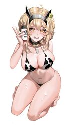  ahoge animal_print barefoot bell bikini black_bikini blonde_hair blush bottle breasts choker cleavage commentary cow_girl cow_horns cow_print cowbell english_commentary female highres horns ihobus kneeling large_breasts looking_at_viewer milk milk_bottle mole mole_on_breast nail_polish navel open_mouth original simple_background smile solo string_bikini swimsuit white_background white_bikini yellow_eyes 