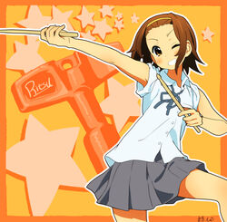  artist_name blue_ribbon blush border brown_eyes brown_hair character_name commentary dated drumsticks female grey_skirt grin hair_pulled_back hairband head_tilt highres holding k-on! looking_at_viewer miniskirt neck_ribbon one_eye_closed orange_background orange_border pleated_skirt pose ribbon sakuragaoka_high_school_uniform school_uniform shirt short_hair short_sleeves signature skirt sleeves_rolled_up smile solo standing star_(symbol) starry_background summer_uniform tainaka_ritsu tessaku_ro untucked_shirt wing_collar yellow_hairband 