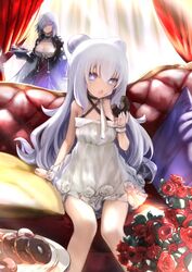  2girls azur_lane bare_shoulders blue_eyes blush breasts butterfly_hair_ornament cleavage closed_mouth collarbone commentary couch curtains day double_bun dress dunkerque_(azur_lane) eating flower food grey_hair hair_between_eyes hair_bun hair_ornament holding holding_food holding_tray indoors large_breasts le_malin_(azur_lane) le_malin_(sleepy_sunday)_(azur_lane) lefthand long_hair looking_at_viewer multiple_girls official_alternate_costume red_flower red_rose rose sidelocks sitting small_breasts sunlight symbol-shaped_pupils tray very_long_hair white_dress white_hair window 