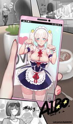  2019 6+girls :t absurdres aibo_(gorgeous_mushroom) apron artist_name blonde_hair blue_eyes blush breasts cellphone chinese_commentary cleavage clenched_hands coffee commentary_request dress earrings eyewear_on_head frilled_shirt_collar frilled_skirt frills glasses gorgeous_mushroom hair_ornament highres jewelry large_breasts long_hair maid maid_apron maid_headdress mask midriff multiple_girls navel original pantyhose paw_pose phone photo_(object) plant platinum_blonde_hair ponytail potted_plant red_nails short_hair shorts sitting skirt smartphone sunglasses suspenders thighband_pantyhose thighhighs twintails white_thighhighs yeqing_(gorgeous_mushroom) zettai_ryouiki 