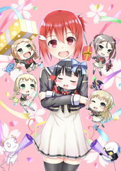  6+girls :3 :d ;d absurdres aobouzu_(yuyuyu) black_eyes black_hair black_legwear blonde_hair blush blush_stickers box brown_hair chibi closed_eyes closed_mouth commentary_request dress flower furrowed_brow gift gift_box green_eyes gungun_(hakutou7887) gyuuki_(yuyuyu) hair_flower hair_ornament hair_ribbon heart highres hug hug_from_behind inubouzaki_fuu inubouzaki_itsuki inugami_(yuyuyu) karasu_tengu_(yuusha_de_aru) kodama_(yuyuyu) long_hair long_sleeves looking_at_another looking_at_viewer low_twintails miyoshi_karin multiple_girls nogi_sonoko o_o one_eye_closed open_mouth outstretched_arms pantyhose party_popper red_eyes red_hair ribbon sanshuu_middle_school_uniform school_uniform short_hair short_ponytail siblings side_ponytail sisters smile thighhighs tougou_mimori twintails very_long_hair white_legwear yoshiteru_(yuyuyu) yuuki_yuuna yuuki_yuuna_wa_yuusha_de_aru yuusha_de_aru zettai_ryouiki 