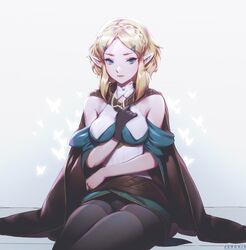  banned_artist bare_shoulders between_breasts blonde_hair blue_eyes braid breasts cape female french_braid hand_between_breasts highres medium_breasts paul_kwon pointy_ears princess_zelda short_hair skindentation solo the_legend_of_zelda the_legend_of_zelda:_breath_of_the_wild thighs upskirt watermark web_address 