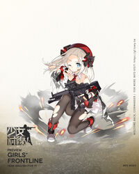  ankle_boots beret black_gloves black_pantyhose blonde_hair blue_eyes blush boots braid character_name cloak closed_mouth collared_dress damaged dress explosion expressionless female fingerless_gloves floating_hair full_body girls&#039;_frontline gloves gun h&amp;k_mp5 hat heckler_&amp;_koch highres holding holding_gun holding_weapon holster logo long_hair looking_at_viewer mp5_(girls&#039;_frontline) mp5_(mod3)_(girls&#039;_frontline) necktie off_shoulder official_art on_one_knee one_eye_closed outstretched_arm pantyhose promotional_art ribbon saru serious sidelocks sleeveless sleeveless_dress solo submachine_gun thigh_holster thigh_strap torn_clothes trigger_discipline weapon white_hair wind wiping_face 