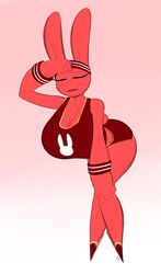  averyshadydolphin bent_over big_breasts bottomwear breasts bunny_(averyshadydolphin) clothing female fur hi_res huge_breasts lagomorph long_ears mammal red_body red_fur scut_tail shirt short_tail shorts solo sweatband tail tank_top topwear wristband 