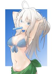  absurdres ahoge armpits arms_behind_head arms_up bikini blonde_hair blue_eyes blush breasts bural_chingu commentary_request covered_nipples female hair_between_eyes highres long_hair looking_at_viewer medium_breasts navel park_noah sarong solo sweat swimsuit tupet two_side_up tying_hair wweed 