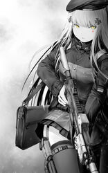  assault_rifle bag belt belt_pouch beret blunt_bangs breasts clothes_writing commentary cross english_commentary eyebrows facial_mark female german_flag girls&#039;_frontline gloves green_eyes greyscale gun guten h&amp;k_hk416 hair_ornament handbag handgun hat heckler_&amp;_koch highres hk416_(girls&#039;_frontline) holding holding_weapon holster iron_cross jacket long_hair looking_at_viewer magazine_(weapon) magpul medium_breasts military_jacket monochrome open_mouth plaid plaid_skirt pleated_skirt pouch rifle sidelocks skirt solo spot_color suppressor thighhighs tsurime very_long_hair weapon 