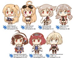  6+girls ahoge aka_shiba azur_lane bataan_(azur_lane) birmingham_(azur_lane) black_hair blonde_hair blue_eyes blush_stickers capelet character_name chewing_gum chibi cleveland_(azur_lane) columbia_(azur_lane) commentary denver_(azur_lane) eagle_union_(emblem) eyewear_on_head gloves grey_hair hairband highres independence_(azur_lane) kemono_friends kemono_friends_pavilion long_hair montpelier_(azur_lane) multiple_girls one_side_up open_mouth red_eyes red_gloves red_hair short_hair shorts smile sunglasses twintails 