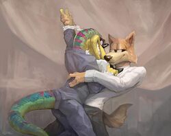  anthro black_tie_(suit) canid canine clothing dancing duo eyewear fox furgonomics gecko gex_(series) gex_the_gecko glasses klongi lizard male mammal reptile scalie spy_fox suit video_games 