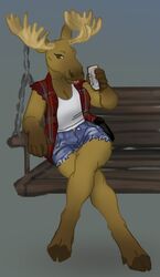  alcohol anthro beer beverage clothed clothing deer deermary denim female hi_res mammal moose new_world_deer plaid solo 