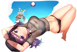  2girls arched_soles armpits arms_up ball bare_legs barefoot baseball_cap beachball bikini black_bikini black_headwear blue_sky blunt_bangs boruhis bouncing bracelet breasts choker cleavage closed_mouth cloud cloudy_sky commentary crop_top day fishnet_top fishnets flying_sweatdrops full_body grey_hair halterneck hat highres idolmaster idolmaster_cinderella_girls idolmaster_shiny_colors jewelry kanzaki_ranko large_breasts legs legs_folded legs_together long_hair looking_at_viewer motion_lines multiple_girls nail_polish navel no_pants outdoors purple_eyes purple_hair purple_nails see-through short_sleeves sky solo_focus swimsuit tanaka_mamimi twintails unmoving_pattern upside-down 