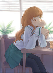  backlighting black_neckerchief black_thighhighs blouse blunt_bangs closed_mouth commentary drinking_straw elbow_rest female girls_und_panzer glass green_skirt half-closed_eyes head_rest indoors leaning_forward long_hair long_sleeves midriff_peek miniskirt neckerchief ooarai_school_uniform orange_eyes orange_hair pleated_skirt school_uniform serafuku shirt sitting skirt smile solo takebe_saori tessaku_ro thighhighs white_shirt window zettai_ryouiki 