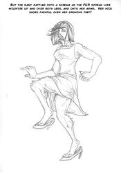  arania bob_cut breasts canid claws clothed clothing digitigrade dress english_text fangs female foot_transformation footwear fully_clothed fur graphite_(artwork) greyscale hair heelpop hi_res high_heels hindpaw human human_to_anthro jewelry loose_footwear mammal monochrome necklace paws pencil_(artwork) plantigrade_to_digitigrade pumps shoe_dangle shoes solo species_transformation teeth text traditional_media_(artwork) transformation 