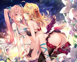  2girls ahoge all_fours arm_support ass bare_shoulders bikini bikini_skirt black_bra black_legwear black_vs_white blonde_hair blue_ribbon blush bra breasts choker cleavage collarbone commentary_request feathered_wings flower glowing green_eyes hair_bun hair_flowing_over hair_intakes hair_ornament hair_ribbon high_heels leg_ribbon light long_hair medium_breasts mouth_hold multiple_girls night olivier_(riichu) original pink_hair purple_footwear purple_wings red_eyes red_ribbon rianastia_flugel ribbon ribbon_in_mouth riichu sidelocks single_hair_bun sitting sky smile star_(sky) starry_sky swimsuit thighhighs twintails underwear very_long_hair white_bikini white_flower white_wings wings 