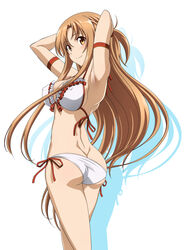  armpits arms_up ass asuna_(sao) bare_shoulders bikini breasts brown_eyes brown_hair commentary_request female from_side halterneck large_breasts long_hair looking_at_viewer mutou_keiji side-tie_bikini_bottom simple_background smile solo string_bikini swimsuit sword_art_online white_background white_bikini 