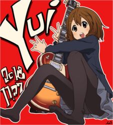  artist_name black_pantyhose blazer blue_jacket brown_eyes brown_hair character_name commentary dated female grey_skirt guitar hair_ornament hairclip hirasawa_yui holding holding_instrument instrument jacket k-on! long_sleeves looking_at_viewer miniskirt open_mouth outline panties panties_under_pantyhose pantyhose pleated_skirt red_background sakuragaoka_high_school_uniform school_uniform short_hair signature sitting skirt smile solo tessaku_ro underwear v white_outline winter_uniform 