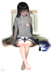  :d absurdres barefoot black_hair black_legwear braid commentary_request cup drinking_glass female food hair_ornament hairclip highres ice ice_cube long_hair nijisanji open_mouth popsicle puffy_sleeves purple_eyes rushian school_uniform sitting skirt smile solo sweat sweater_vest tattoo tongue tongue_out tray tsukino_mito tsukino_mito_(3rd_costume) unworn_legwear unworn_vest virtual_youtuber 