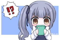  !? brown_eyes cellphone chibi commentary_request dress female grey_hair kantai_collection kasumi_(kancolle) kasumi_kai_ni_(kancolle) long_hair long_sleeves phone pinafore_dress reading ryouki_(ryoki_215) shirt side_ponytail sleeveless sleeveless_dress solo two-tone_background upper_body white_background white_shirt 