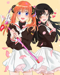  2girls bad_id bad_pixiv_id black_eyes blue_eyes blunt_bangs blush bun_cover cardcaptor_sakura cherry_blossoms commentary_request cosplay daidouji_tomoyo daidouji_tomoyo_(cosplay) frilled_skirt frills fuuin_no_tsue gintama heart holding holding_wand kagura_(gintama) kinomoto_sakura kinomoto_sakura_(cosplay) long_hair multiple_girls open_mouth school_uniform serafuku simple_background skirt smile snfskn tokugawa_soyo tomoeda_elementary_school_uniform twintails wand white_skirt 