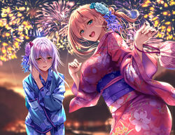  2girls :d aerial_fireworks aqua_eyes ayase_kaya ayase_touka_(piromizu) blonde_hair blue_kimono blurry blurry_background blush breasts brown_eyes collarbone commentary_request dutch_angle fanbox_reward fingernails fireworks floral_print flower hair_between_eyes hair_flower hair_ornament hand_on_own_chest hands_up highres japanese_clothes kimono large_breasts long_fingernails long_hair long_sleeves looking_at_viewer multiple_girls nail_polish night night_sky obi open_mouth outdoors paid_reward pink_kimono pink_nails piromizu pov purple_hair sash sidelocks sistart! sky smile teeth upper_teeth_only wide_sleeves yukata 