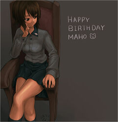  animal_print bear_print black_skirt black_socks brown_eyes brown_hair chair character_name closed_mouth commentary crossed_legs dress_shirt english_text female frown girls_und_panzer grey_background grey_shirt hand_on_own_face happy_birthday insignia kuromorimine_school_uniform long_sleeves looking_to_the_side miniskirt nishizumi_maho pleated_skirt school_uniform shirt short_hair simple_background sitting skirt socks solo tessaku_ro 