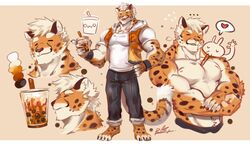  2019 anthro arms_bent barefoot beverage bubble_tea closed_eyes clothed clothing digital_media_(artwork) emoticon feet felid feline fur gesture hand_gesture hand_on_arm hand_on_forearm hand_on_hip hand_on_own_arm hand_on_own_forearm hand_on_own_hip heart_reaction heart_symbol holding_arm holding_beverage holding_forearm holding_hips holding_object male mammal mouth_closed muscular muscular_anthro muscular_male owo puckered_lips rabbity solo speech_bubble standing straight_legs topless u_u 