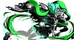  agent_3_(splatoon) artist_name bike_shorts blunt_bangs cape closed_mouth commander_tartar commentary female frown glowing glowing_eyes green_eyes green_hair green_theme headgear hero_shot_(splatoon) highres holding holding_weapon inkling inkling_girl inkling_player_character light_particles long_hair long_sleeves mind_control paint_splatter shirt shoes signature solo splatoon_(series) splatoon_1 splatoon_2 splatoon_2:_octo_expansion squidbeak_splatoon standing tentacle_hair thigh_gap torn_cape torn_clothes vest weapon yuito_(yuitokobunasbs0) 