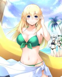  &gt;_&lt; 3girls :d adjusting_hair arm_up ball beach beachball bikini blonde_hair blue_eyes bow braid breasts choujigen_game_neptune cleavage cloud cloudy_sky collarbone commentary_request day doria_(p_f_dolia) french_braid front-tie_bikini_top front-tie_top green_bikini green_hair hairbow hakozaki_chika holding holding_ball large_breasts light_rays long_hair md5_mismatch multiple_girls navel neptune_(series) ocean open_mouth outdoors palm_tree resolution_mismatch s-sha sarong shin_jigen_game_neptune_vii sky smile source_smaller sports_bikini sunglasses swimsuit tree vert_(neptunia) white_hair xd 