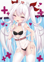  :d azur_lane bikini bikini_under_clothes black_bikini blurry blurry_background blush breasts cleavage commentary_request depth_of_field dress female garter_straps hair_between_eyes hair_ribbon half-closed_eyes hand_on_own_hip hat heart highres long_hair nurse_cap oerba_yun_fang official_alternate_costume open_mouth red_eyes red_ribbon ribbon satori_(ymoy) small_breasts smile solo swimsuit thighhighs twintails vampire_(azur_lane) vampire_(little_devil_in_white)_(azur_lane) very_long_hair white_dress white_hair white_hat white_thighhighs white_wings wings 