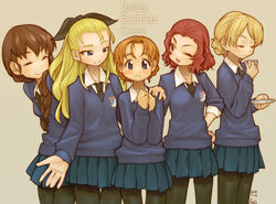  5girls arms_behind_back artist_name assam_(girls_und_panzer) black_necktie black_pantyhose black_ribbon blonde_hair blue_eyes blue_skirt blue_sweater braid brown_eyes brown_hair character_name closed_eyes closed_mouth commentary darjeeling_(girls_und_panzer) dated dress_shirt emblem english_text engrish_text gesture girls_und_panzer grey_background hair_ornament hair_over_shoulder hair_pulled_back hair_ribbon hairclip hand_on_another&#039;s_shoulder hands_in_pockets happy_birthday holding leaning_forward light_smile long_hair long_sleeves looking_at_another looking_at_viewer medium_hair miniskirt multiple_girls necktie open_mouth orange_hair orange_pekoe_(girls_und_panzer) pantyhose parted_bangs parted_lips pleated_skirt ranguage red_hair ribbon rosehip_(girls_und_panzer) rukuriri_(girls_und_panzer) school_uniform shirt short_hair signature simple_background single_braid skirt smile st._gloriana&#039;s_(emblem) st._gloriana&#039;s_school_uniform standing sweater tearing_up tessaku_ro tied_hair twin_braids v-neck white_shirt wing_collar 