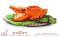  2018 ambiguous_gender brown_eyes cheese crocodile crocodilian crocodylid dairy_products digital_media_(artwork) digital_painting_(artwork) english_text feral food food_creature fruit humor melted_cheese number piper_thibodeau plant pun reptile scalie simple_background smile solo text tomato visual_pun white_background 