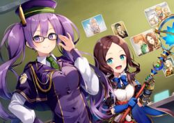  2girls :d ^_^ adjusting_eyewear aqua_eyes atlas_academy_school_uniform black_hair blonde_hair brown_hair capelet captain_nemo_(fate) chaldea_logo closed_eyes commentary_request elbow_gloves fate/grand_order fate_(series) fou_(fate) glasses gloves goredolf_musik grey_hair highres holding jeancle_abel_meuniere leonardo_da_vinci_(fate) leonardo_da_vinci_(rider)_(fate) long_hair looking_at_viewer mash_kyrielight multiple_girls nemo_(fate) nonono_(nononotea) olga_marie_animusphere open_mouth photo_(object) purple_eyes purple_hair romani_archaman school_uniform sherlock_holmes_(fate) sion_eltnam_sokaris smile staff twintails 