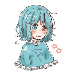  alternate_costume aqua_eyes aqua_hair blush capelet collar commentary_request female frilled_collar frills heterochromia highres red_eyes salt_(seasoning) short_hair simple_background solo tatara_kogasa touhou upper_body white_background 