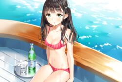  :o ancotaku aqua_eyes bare_arms bare_shoulders bikini black_hair breasts cleavage collarbone commentary_request cup drinking_glass female long_hair looking_at_viewer medium_breasts navel original parted_lips pink_bikini sidelocks sitting skindentation solo stomach striped_bikini striped_clothes swimsuit thighs tray water wet 