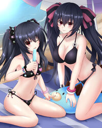  2girls beach beach_umbrella bikini black_bikini black_hair bracelet breasts choujigen_game_neptune choujigen_game_neptune_mk2 cleavage collarbone commentary_request day dogoo flat_chest food frilled_bikini frills highres jewelry large_breasts looking_at_viewer multiple_girls neptune_(series) noire_(neptunia) popsicle red_eyes seshiro_(which501) siblings side-tie_bikini_bottom sisters star_(symbol) star_print swimsuit twintails umbrella uni_(neptunia) waves 