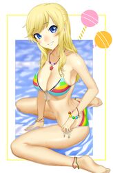  absurdres bare_arms bare_legs bare_shoulders bikini blonde_hair blue_bikini blue_eyes blush breasts candy_print cleavage collarbone commentary_request female from_side gishu green_bikini hair_ornament highres idolmaster idolmaster_cinderella_girls jewelry large_breasts long_hair looking_at_viewer multicolored_bikini multicolored_clothes necklace ohtsuki_yui parted_lips red_bikini sitting smile solo swimsuit water wristband yellow_bikini 