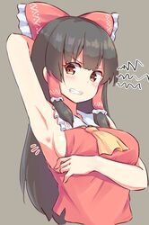  arm_behind_head arm_up armpits ascot bare_arms bare_shoulders black_hair blush bow breasts brown_eyes bug_bite clenched_teeth commentary cropped_torso female forneus_0 frilled_bow frilled_shirt_collar frills grey_background hair_tubes hairbow hakurei_reimu highres large_breasts long_hair looking_at_viewer pimple red_bow red_shirt shirt sideboob sidelocks simple_background sleeveless sleeveless_shirt solo teeth touhou upper_body yellow_ascot 