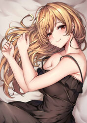  absurdres bare_arms bare_shoulders bed_sheet blush breasts brown_dress brown_hair closed_mouth collarbone commentary dress female fingernails hair_between_eyes hands_up highres large_breasts long_hair looking_at_viewer lying on_side original red_eyes sleeveless sleeveless_dress smile solo strap_slip very_long_hair ym_(distance819) 