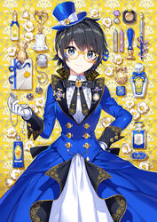  arm_at_side black_hair blue_coat blue_eyes blue_hat blue_ribbon blush bottle bow bowtie brooch camellia candle coat collared_dress commentary cowboy_shot dated dress envelope equipment_layout female flower frills gem glasses gloves hair_ribbon hand_on_own_hip hand_up hat highres holding holding_pocket_watch inkwell jewelry lapel_pin lapels long_sleeves looking_at_viewer nardack nib_pen_(object) original pen perfume_bottle photoshop_(medium) pocket_watch ribbon short_hair signature smile smirk solo top_hat watch wax_seal wax_stamp white_dress white_flower white_gloves wing_collar yellow-framed_eyewear yellow_background yellow_gemstone 