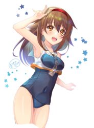  alternate_costume armpits blush breasts brown_eyes brown_hair commentary_request cosplay cowboy_shot dated female framed_breasts hair_between_eyes hair_flaps hairband i-13_(kancolle) i-13_(kancolle)_(cosplay) ittokyu kantai_collection long_hair looking_at_viewer medium_breasts one-piece_swimsuit open_mouth orange_hairband red_hairband sailor_collar school_swimsuit school_uniform shiratsuyu_(kancolle) shiratsuyu_kai_ni_(kancolle) signature smile solo star_(symbol) starry_background swimsuit white_background white_sailor_collar 