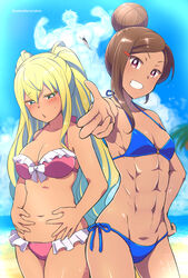  1boy 3girls :d :o ^_^ abs beach belly_grab bikini blonde_hair blue_bikini blue_sky breasts brown_hair check_commentary clenched_teeth closed_eyes cloud commentary_request dark_skin day dumbbell_nan_kilo_moteru? frilled_bikini frills green_eyes gyaru hair_bun hair_ornament hairclip hand_on_own_hip harurukan highres long_hair looking_at_viewer machio_naruzou medium_breasts multiple_girls muscular navel ocean open_mouth outdoors pink_bikini pink_eyes sakura_hibiki short_hair side-tie_bikini_bottom single_hair_bun sky small_breasts smile souryuuin_akemi standing swimsuit teeth twintails twitter_username uehara_ayaka weight_conscious 